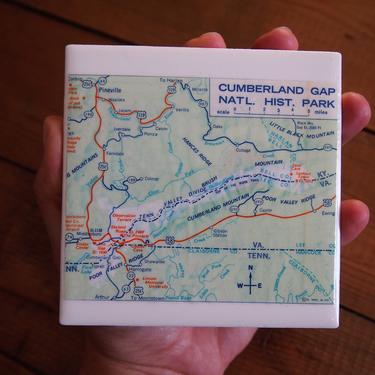 1962 Cumberland Gap National Historic Park Vintage Map Coaster - Ceramic Tile - Repurposed 1960s Union 76 Road Map - Kentucky - Virginia 