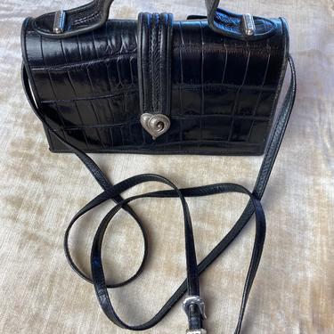 90’s Brighton Black leather purse Shoulder bag cross body long skinny strap Embossed alligator style silver accent compartments AS-IS 