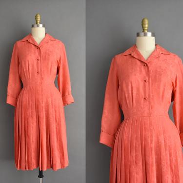 1950s vintage dress | Dynasty Vibrant Peach Silk Pleated Full Skirt Shirt Dress | Small Medium | 50s dress 