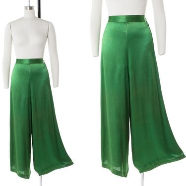 Vintage 1930s Pants | 30s Emerald Green Rayon Satin High Waisted Wide Leg Lounge Pants (small) 