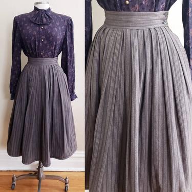 1980s Perry Ellis Midi Skirt Gray Black Stripe / 80s Designer High Waisted Pleated Full Skirt / XS Petite Juniors 