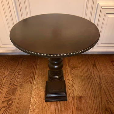 Hammered trim dark chocolate pedestal round accent end table by JoyfulHeartReclaimed