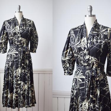 Vintage 90s Silk Island Scene Printed Dress by Nicole Miller | S | 1990s 1940s Inspired Black and White Novelty Print Tropical Dress 