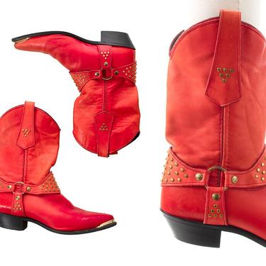 Vintage 1980s Boots | 80s WRANGLER Metal Studded Red Leather Cowgirl Cowboy boots (size US 7.5) 
