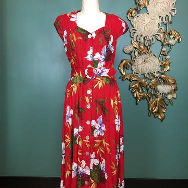 1980s rayon dress, vintage 80s dress, red floral dress, Hawaiian print dress, 1950s style dress, size medium, 80s does the 50s, rockabilly 