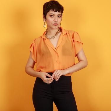 80s Orange Tangerine Bright Short Sleeve Top Vintage Tulip Sleeve Button Down Blouse 