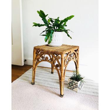 Vintage Curly Square Wicker Side Table or Plant Stand / FREE SHIPPING 