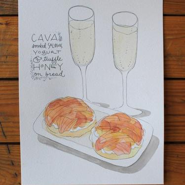Cava &amp; Smoked Salmon Original Watercolor Painting