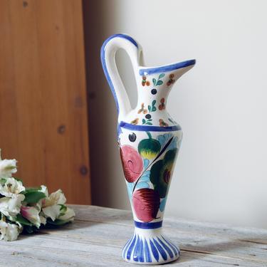 Mexican pitcher / Vintage Tonala pottery / signed Mexican pitcher / floral vase / boho decor / 1970s folk art pitcher 