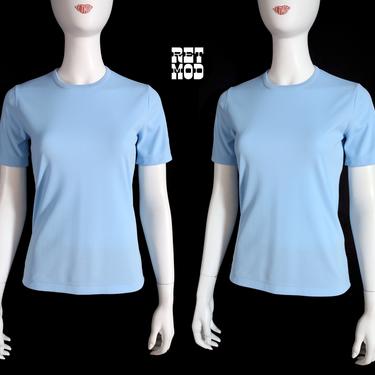 Perfect Basic Vintage 60s 70s Blue Lightweight Polyester T-Shirt Top 