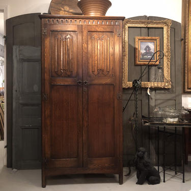19c English armoire wardrobe, oak, 2 door, Renaissance Style 