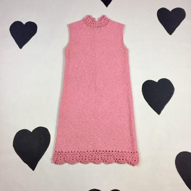 1960's St. John Knits mod bubblegum pink knit dress 60's sleeveless santana sparkle knit sweater dress scalloped lace crochet mockneck hem S 