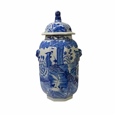 Chinese Blue White Porcelain Flower Birds Graphic Temple Jar ws1787E 