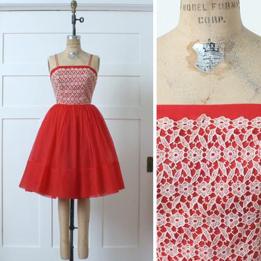 vintage 1950s lipstick red party dress • full skirt nipped waist nylon dress with white floral lace 