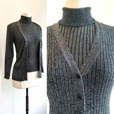Sexy 70s Vintage Thin Ribbed Silver Metallic KNIT SHELL + CARDIGAN / Two-piece 