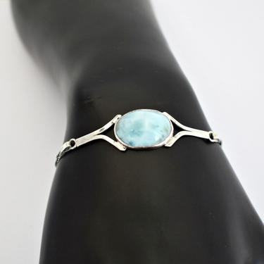 Simple vintage sterling oval larimar handcrafted bracelet, handsome minimalist unusual 925 silver chain cloudy blue stone cab ankle bracelet 