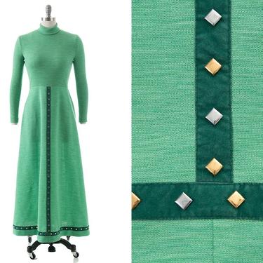 Vintage 1970s Maxi Dress | 70s Metal Studded Knit Green Acrylic Turtleneck Fit and Flare Dress (small/medium) 