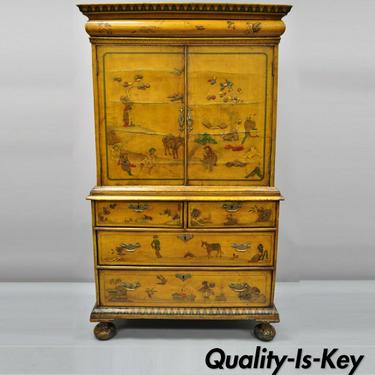 18th C. William and Mary Yellow Lacquer Polychrome Japanned Parcel Gilt Cabinet