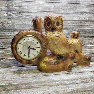LARGE Vintage Owl Clock, Lanshire Chalkware Mantel Clock, Momma Owl &amp; Owlet, Chalkware Owl Shelf Clock, 1960's Owl Decor, Vintage Home Decor 