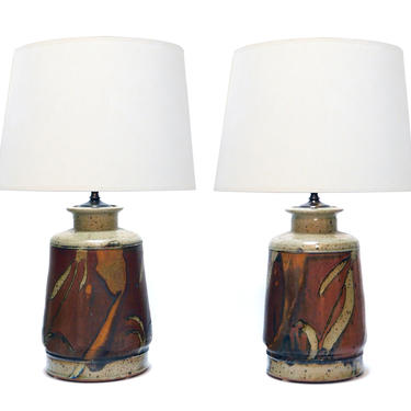Robust Pair of Signed 1960's Studio Crafted Pottery Stoneware Lamps