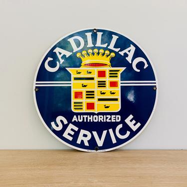 Vintage Cadillac Authorized Service Sign Small Porcelain Sign by Ande Rooney circa 1986 