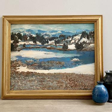 Large Vintage Landscape Oil Painting Signed W Wendt Winter Mountain Lake Scene 
