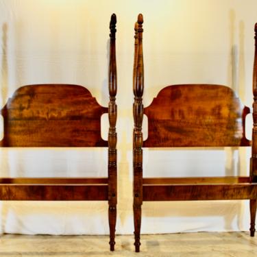 Pair of Acorn Top Sheraton Field Beds in Tiger Maple. Resized to Standard Twins with Queen Anne Style Headboards