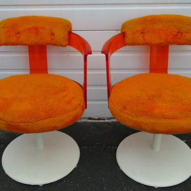 Tulip Base Orange Lucite Pair of Shag Swivel Chairs by Daystrom Furniture 1139