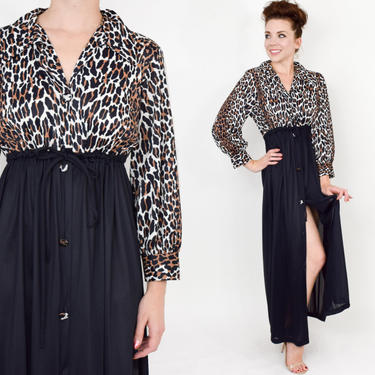 70s Leopard Print Nightgown | Animal Print Gown Robe | Butterfield 8 | Large 