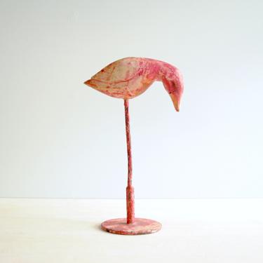 Vintage Flamingo Bird Decoy, Hand Painted Pink Wood Bird Statue 