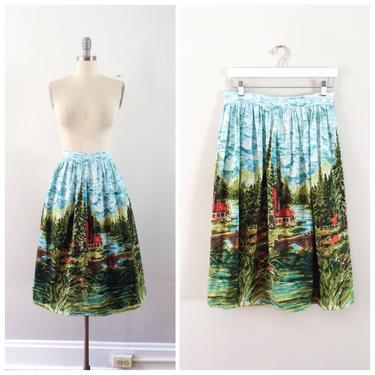 50s Landscape Novelty Print Skirt / 1950s Vintage Cotton Full Skirt / 30 inch waist 
