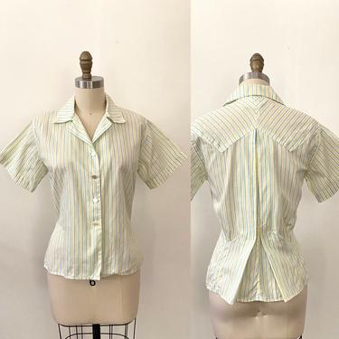 Vintage 1950s Cotton Blouse 50s Striped Shirt Casual Sportswear 