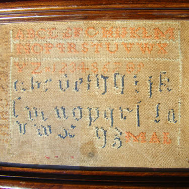 1893 Alphabet Sampler framed by tray, initial M A E 