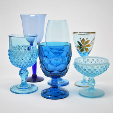 Selection of Vintage Blue Glassware | Single Wine Glass | Boho Funky | Aqua Turquoise Opalescent | Fenton Libbey Mixed Set | Goblet Chalice 