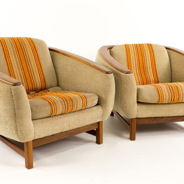 Mid-Century Modern R Huber Teak Arm Barrel Lounge Chairs - Matching Pair 