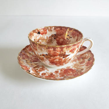 Vintage English Bone China Teacup &amp; Saucer, Ornate Red Orange Floral with Gold, Imari Style, Antique Samuel Radford England 