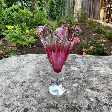 Mid Century Modern Art Glass Clear & Cranberry Pink Vase 