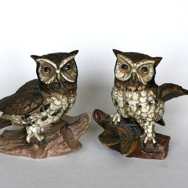 vintage bisque ceramic pair of owls 