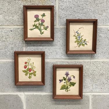 Vintage Cross Stitch Retro 1970s Flowers + Set of 4 + Handmade + Embroidery + Needlework + 8 X 7 + Wood Frame + Home and Wall Decor 