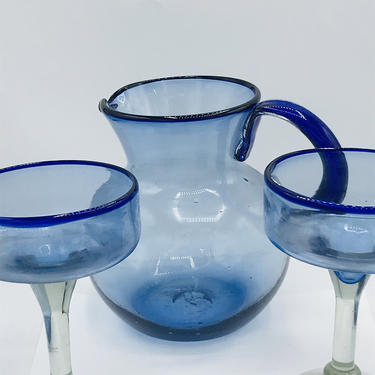 Pretty Set (3) Handmade Blown Mexican Margarita Pitcher and Glasses Drinking Glass Blue Rim-Recycled glass 
