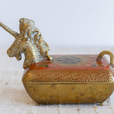 Vintage Anglo Indian Mid-Century Brass Unicorn Trinket Box with Beautiful Enamelware Finish and Etched Detailing 