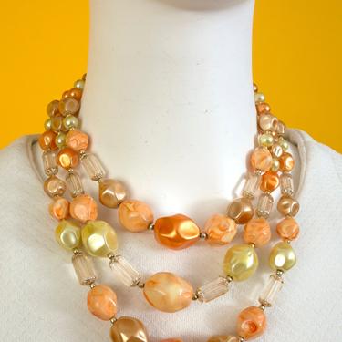 Lovely Vintage 50s 60s Pearly Orange Multi-Strand Statement Necklace 