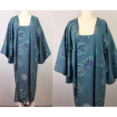 Vintage Japanese KIMONO Blue Leaves Deco Silk 