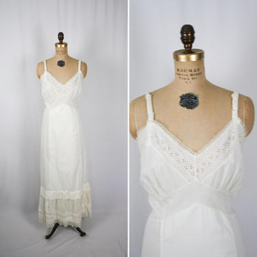Vintage 60s Slip Dress |  Vintage white cotton eyelet nightdress  | 1960s white chemise nightgown 