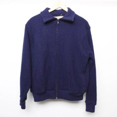 vintage mid-century MEN'S medium ribbed blue lined winter SWEATER jacket zipper closure 1950s 60s coat -- men's xl 