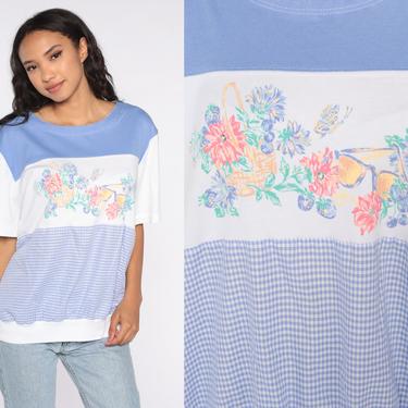 80s Floral Shirt Beaded Shirt Periwinkle Blue Gingham Top Slouchy Graphic Blouse Short Sleeve T Shirt 90s Vintage retro 2xl xxl 
