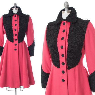 Vintage 1940s Princess Coat | 40s Red Pink Wool &amp; Black Persian Lamb Fur Trim Winter Coat (small) 