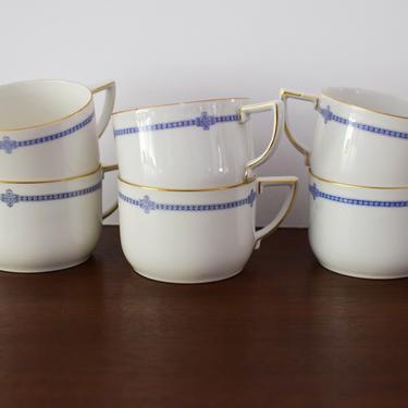 Blue and White Vintage Porcelain Tea Cups. Art Deco Blue and Gold Rimmed Coffee Cups. 
