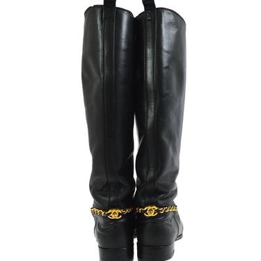 Vintage 90's CHANEL CC Gold Turnlock OTK Black Leather Riding Knee High Boots Heels eu 37 us 6.5 - 7 