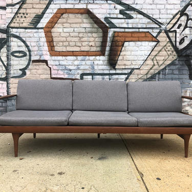 Mid century modern minimalist danish daybed sofa couch bed teak frame new  upholstery Grey fabric Folke ohlsson 